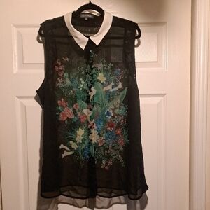 💐Addition Elle Black Floral Sheer Blouse with White Collar
